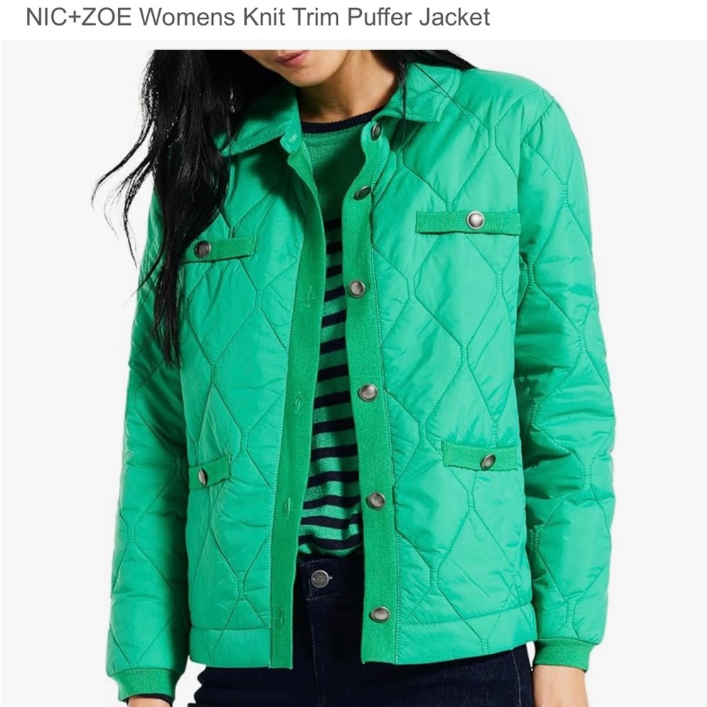 NWOT Nic & Zoe Knit Trim Green Puffer Gold Button Jacket M